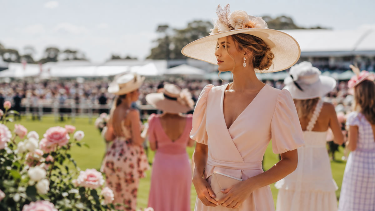 Elegant racegoer wearing a statement hat at a Fashions on the Field event.